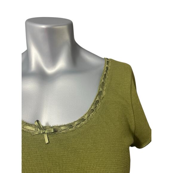 BP Babydoll Top Large Y2K Coquette Dark Olive Raw Hem Cropped Round Neck New - Picture 2 of 9